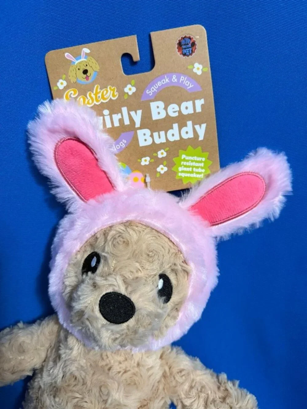 NEW  FUN & ADORABLE SWIRLY BEAR BUDDY DOG TOY WITH CRINKLE BUNNY EARS & SQUEAKER